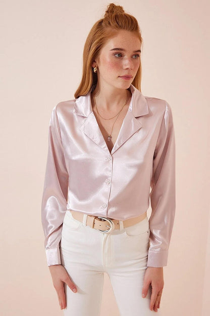 Women's Powder Lightly Draped Satin Surface Jacket Collar Shirt HZL22W-BD1201401