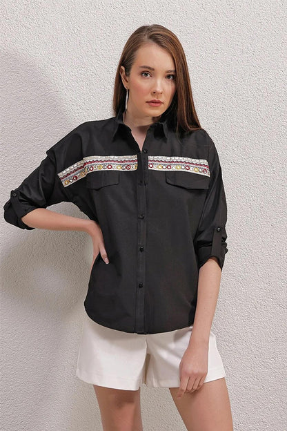 Women's Black Embroidery Detailed Poplin Shirt HZL23S-BD1201471