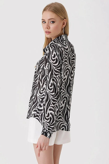 Women's Black and White Graffiti Patterned Fit Viscose Shirt HZL23W-BD137851