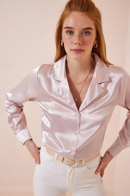 Women's Powder Lightly Draped Satin Surface Jacket Collar Shirt HZL22W-BD1201401