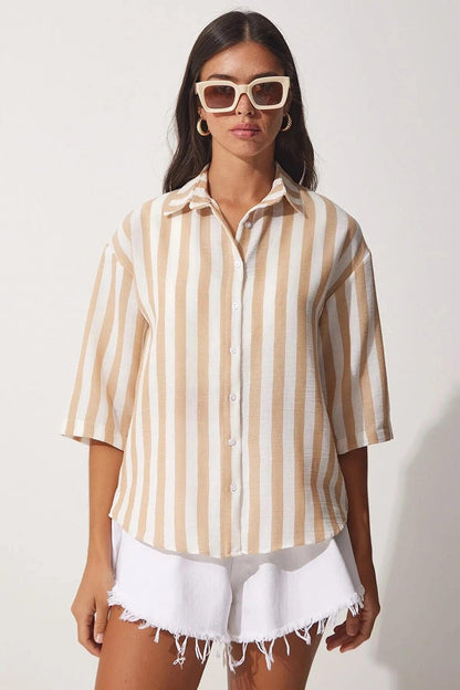 Women's Cream Striped Linen Viscose Shirt HZL23S-BD1201721