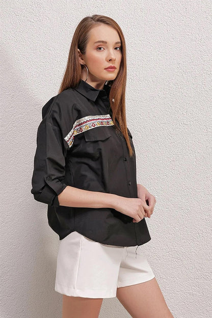 Women's Black Embroidery Detailed Poplin Shirt HZL23S-BD1201471