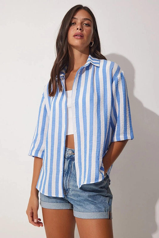 Women's Blue Striped Linen Viscose Shirt HZL23S-BD1201721