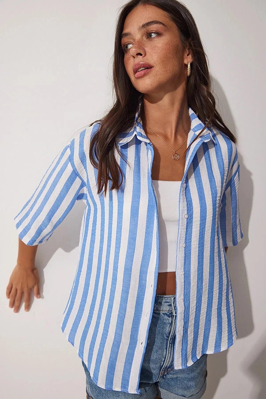 Women's Blue Striped Linen Viscose Shirt HZL23S-BD1201721