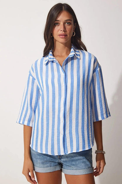 Women's Blue Striped Linen Viscose Shirt HZL23S-BD1201721