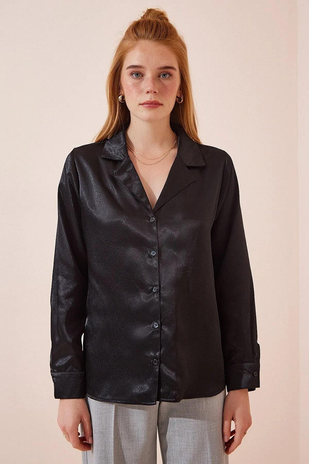 Women's Black Lightly Draped Satin Surface Jacket Collar Shirt HZL22W-BD1201401