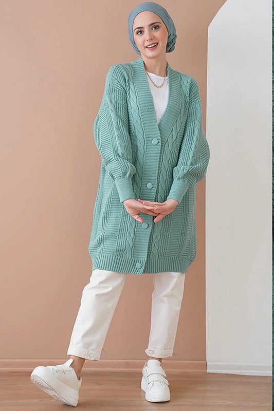 Women's Hijab Green Hair Knitted Pattern Long Buttoned Comfortable Cut Knitwear Cardigan HZL24W-BD1100691