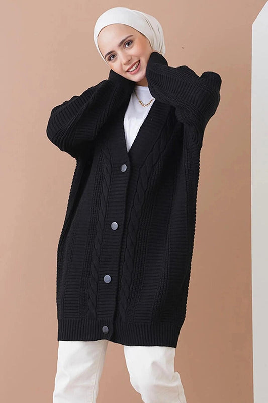 Women's Hijab Black Hair Knitted Pattern Long Buttoned Comfortable Cut Knitwear Cardigan HZL24W-BD1100691