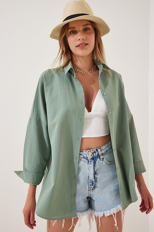 Women's Green Oversize Long Basic Shirt Hzl22w-bd139001