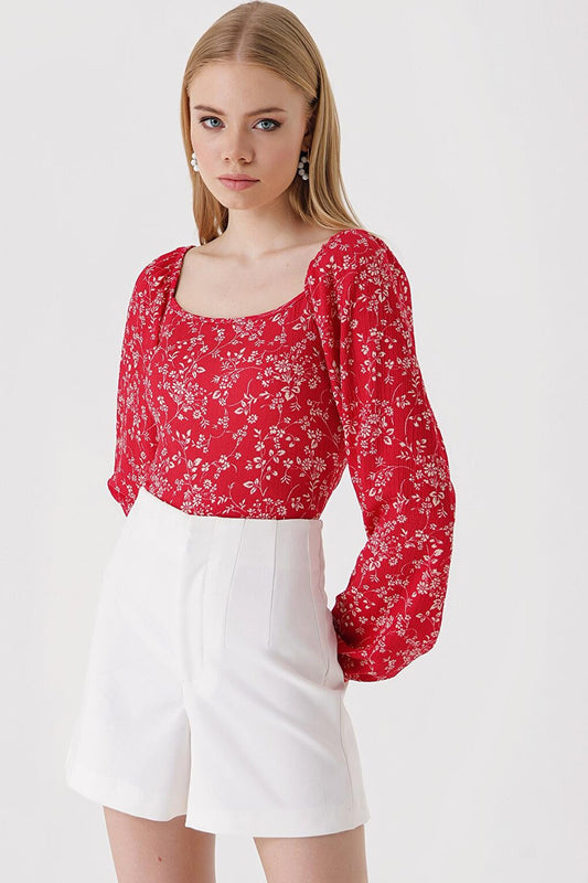 0465 Balloon Sleeve Knitted Blouse - Light Red