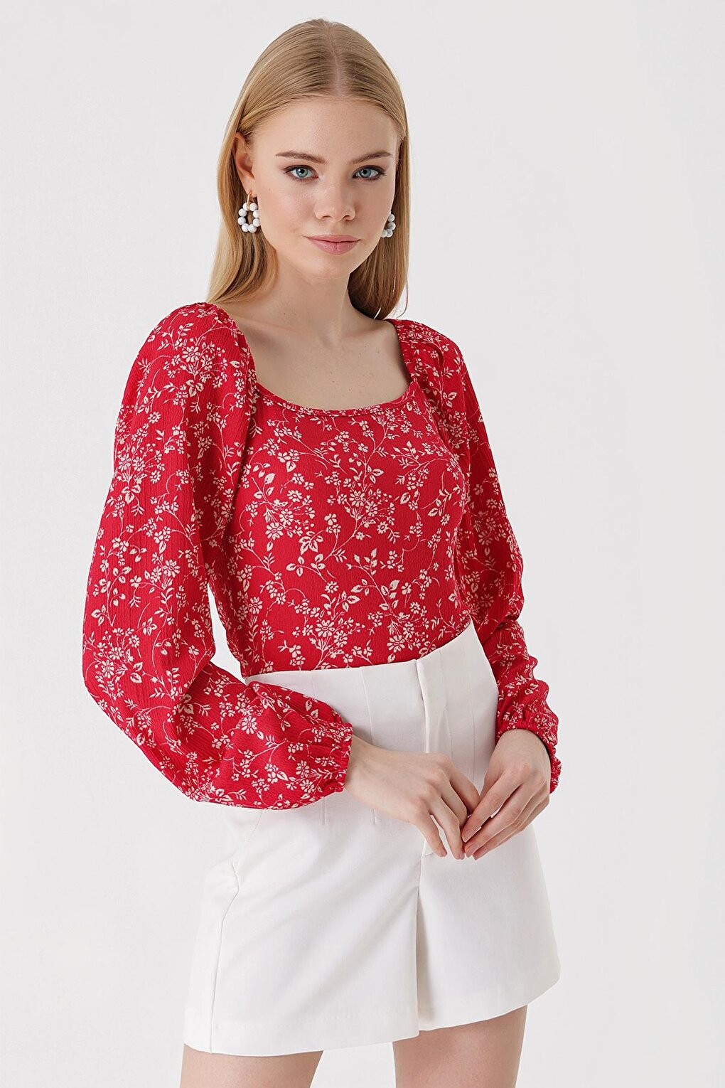 0465 Balloon Sleeve Knitted Blouse - Light Red