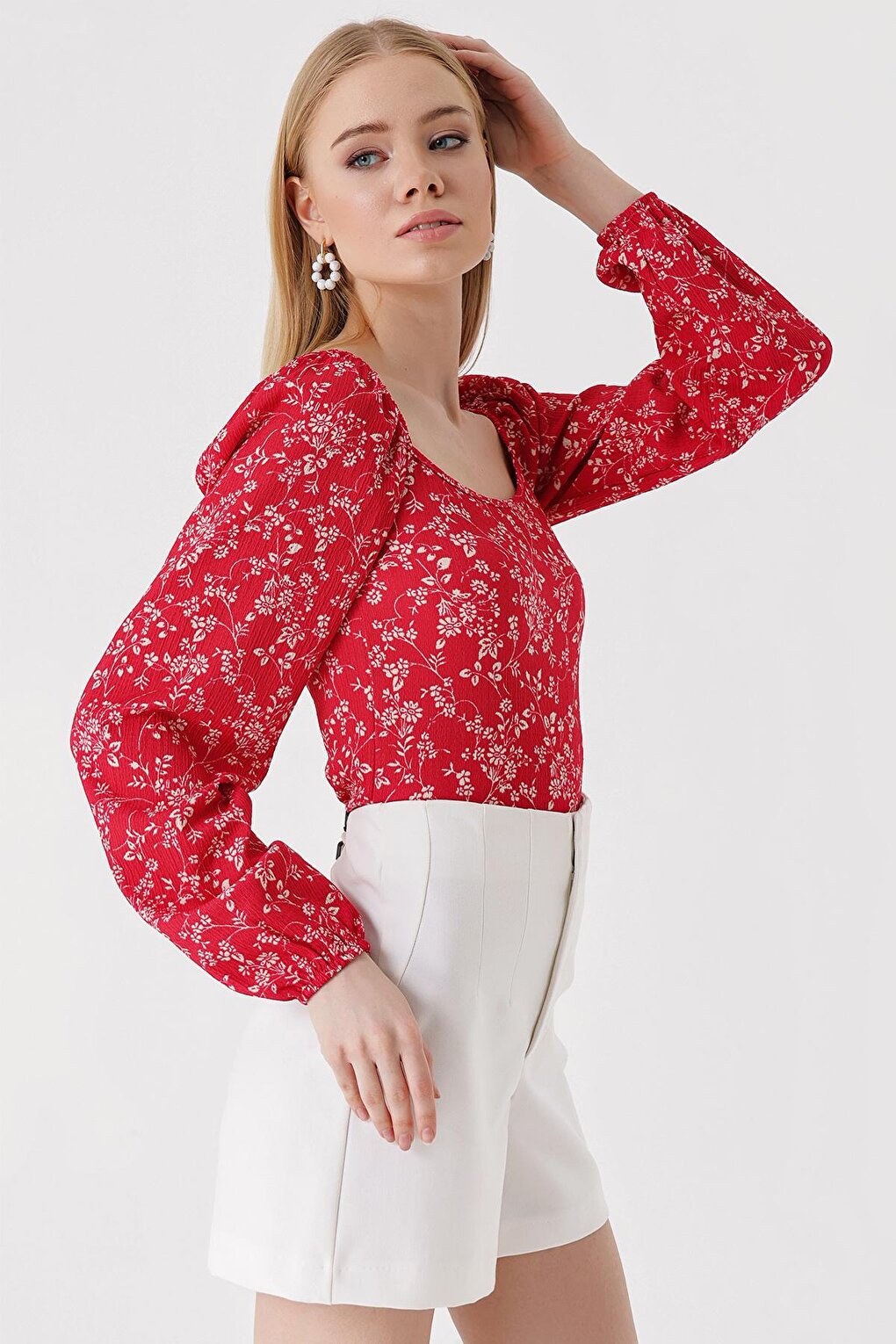 0465 Balloon Sleeve Knitted Blouse - Light Red