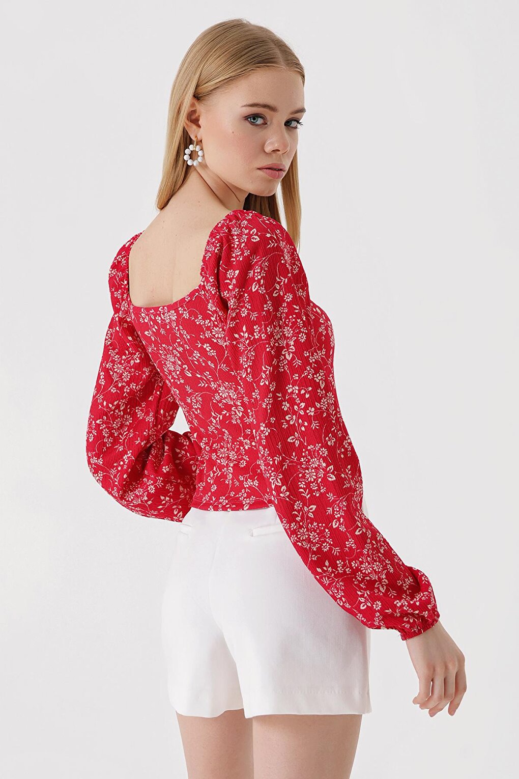 0465 Balloon Sleeve Knitted Blouse - Light Red