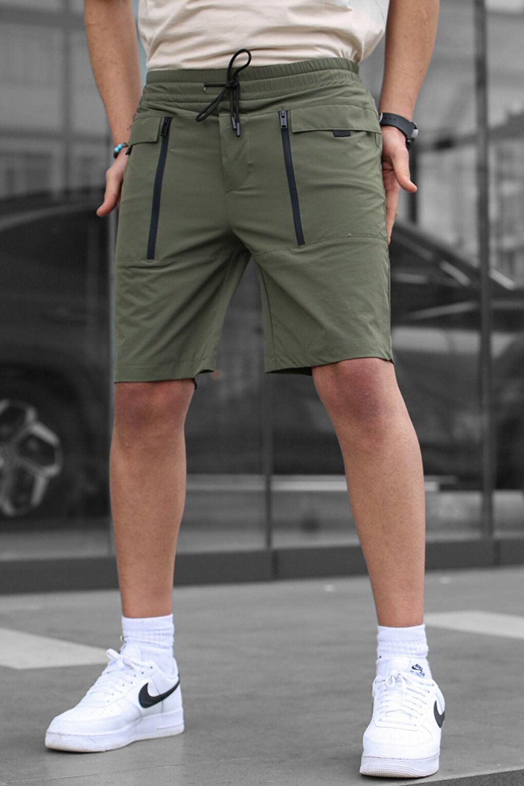 Khaki Basic Men's Capri Shorts with Pockets