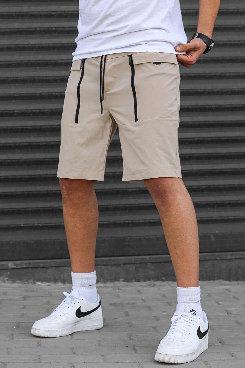 Beige Basic Men's Capri Shorts with Pockets