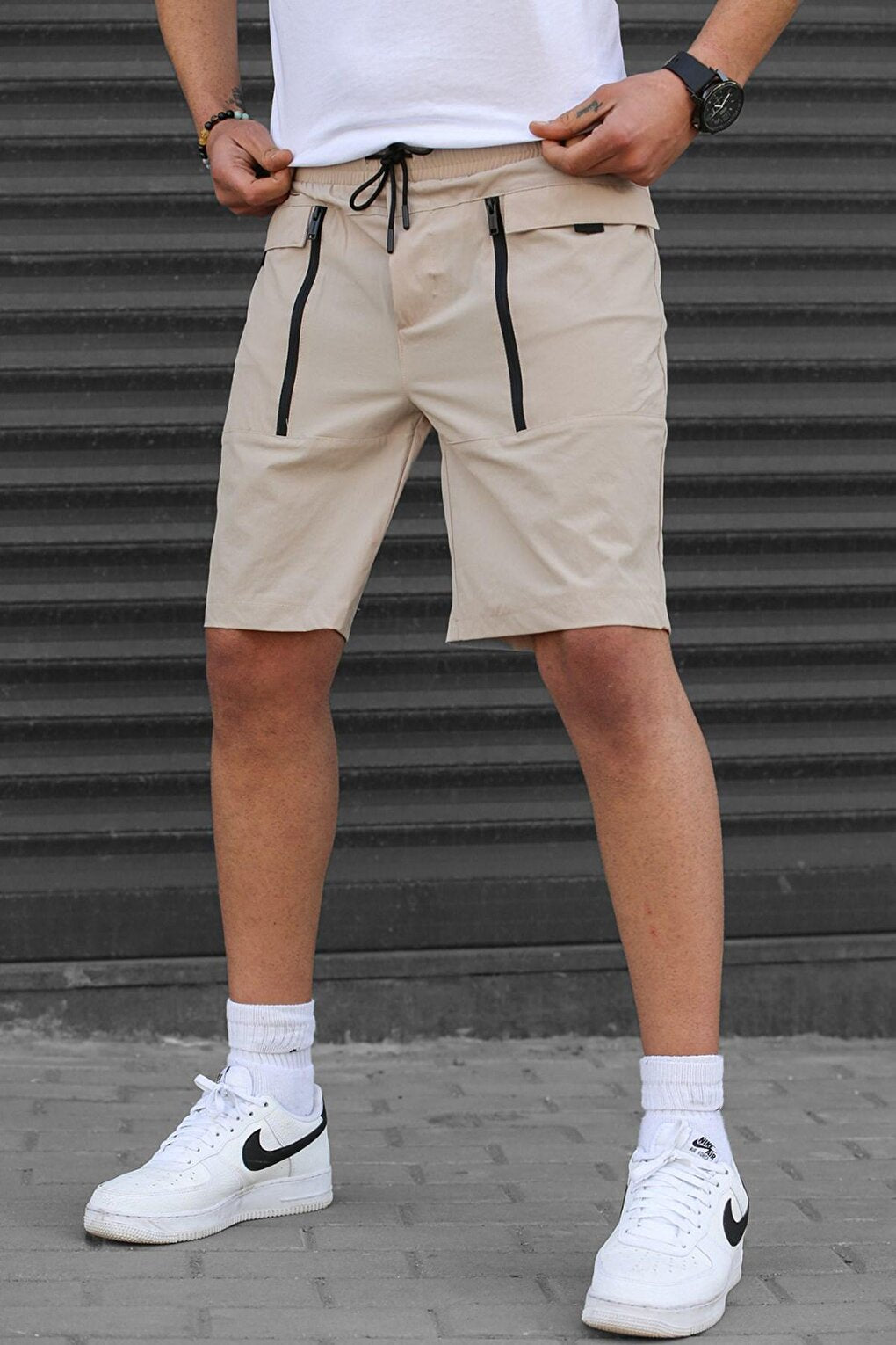 Beige Basic Men's Capri Shorts with Pockets