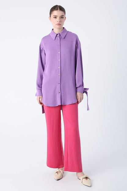 Purple Oversized Sleeves Tie Detail Slit Natural Fabric Shirt Tunic