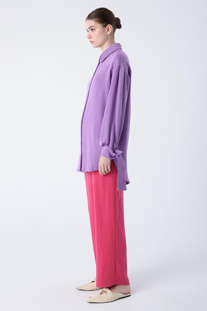 Purple Oversized Sleeves Tie Detail Slit Natural Fabric Shirt Tunic