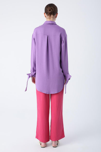 Purple Oversized Sleeves Tie Detail Slit Natural Fabric Shirt Tunic