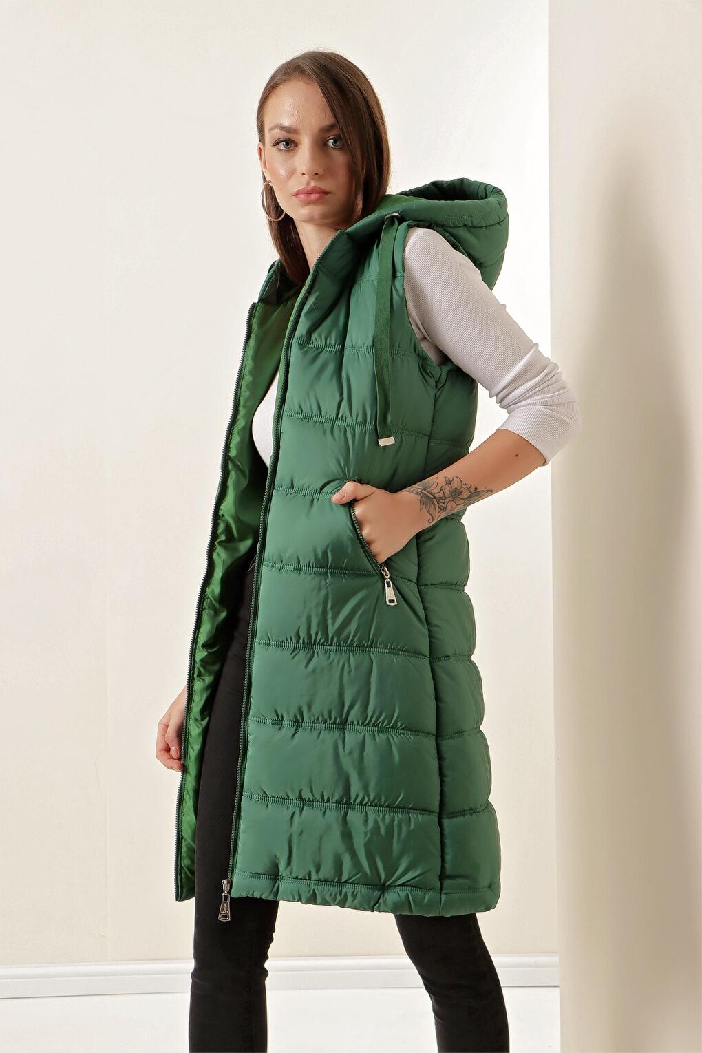 5140 Hooded Long Puffer Vest - Emerald Green