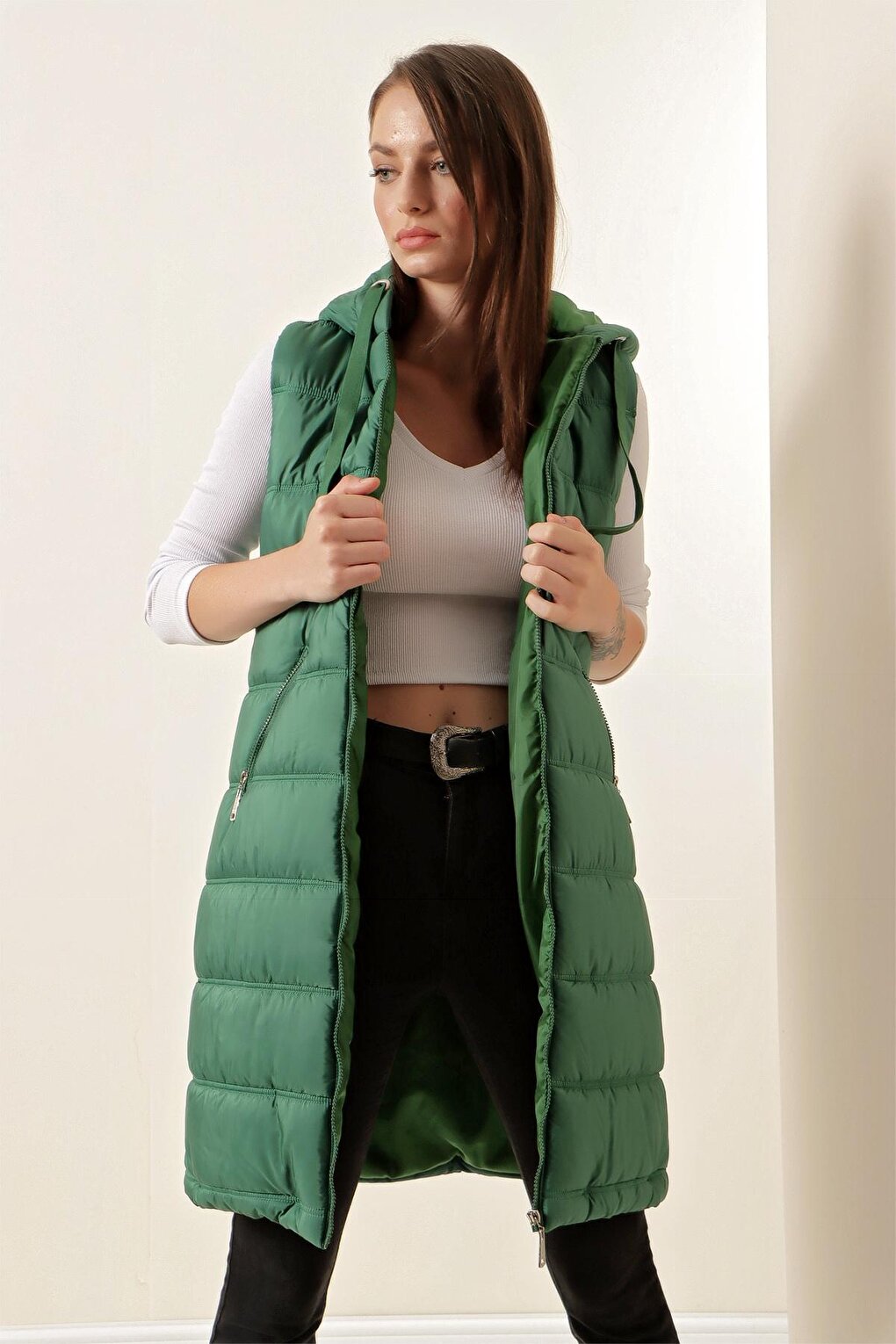 5140 Hooded Long Puffer Vest - Emerald Green