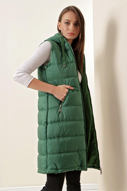 5140 Hooded Long Puffer Vest - Emerald Green