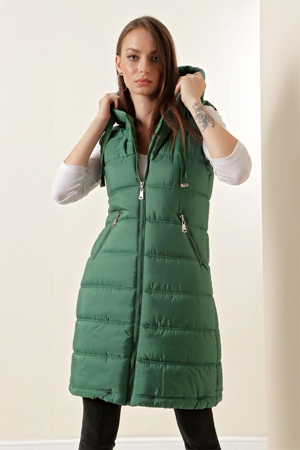 5140 Hooded Long Puffer Vest - Emerald Green