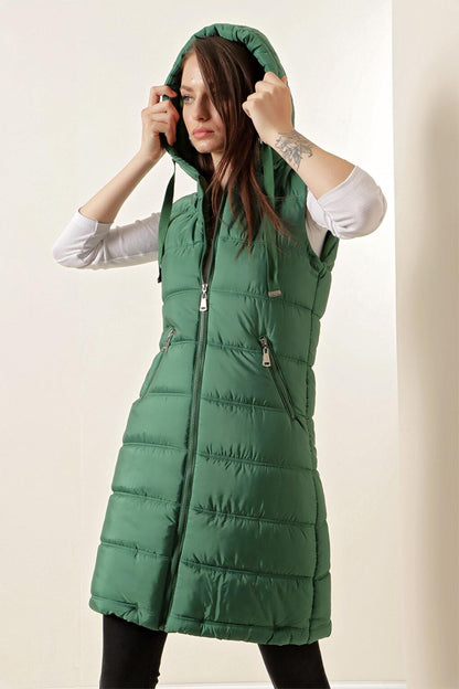 5140 Hooded Long Puffer Vest - Emerald Green