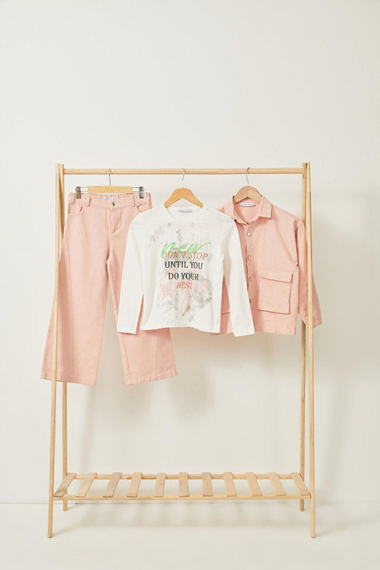 3 Piece Jacket Pants Tshirt Gabardine Pink Suit