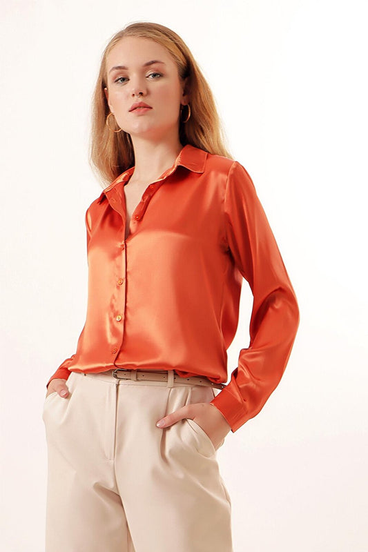 3964 Lightly Flowing Satin Shirt - Orange