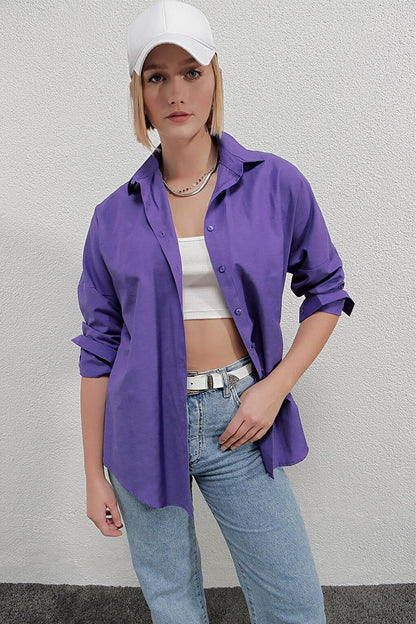 Women's Purple Oversize Long Basic Shirt Hzl22w-bd139001