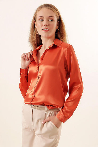 3964 Lightly Flowing Satin Shirt - Orange