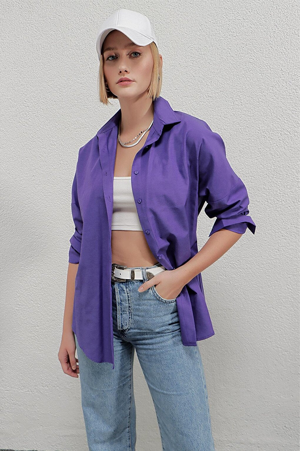 Women's Purple Oversize Long Basic Shirt Hzl22w-bd139001