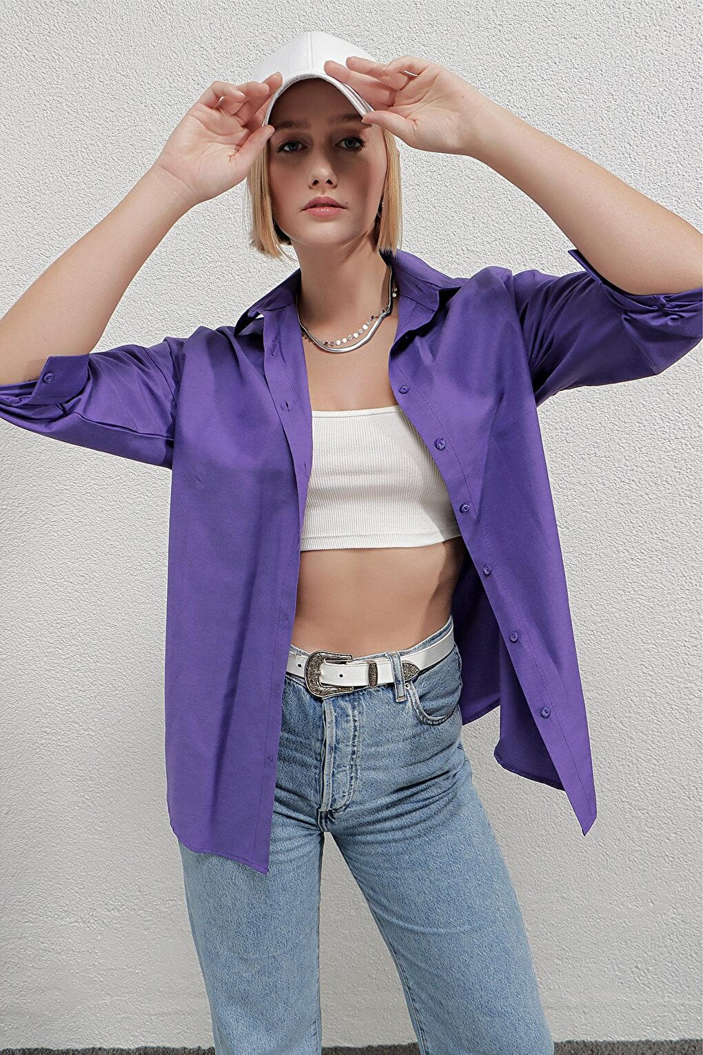 Women's Purple Oversize Long Basic Shirt Hzl22w-bd139001