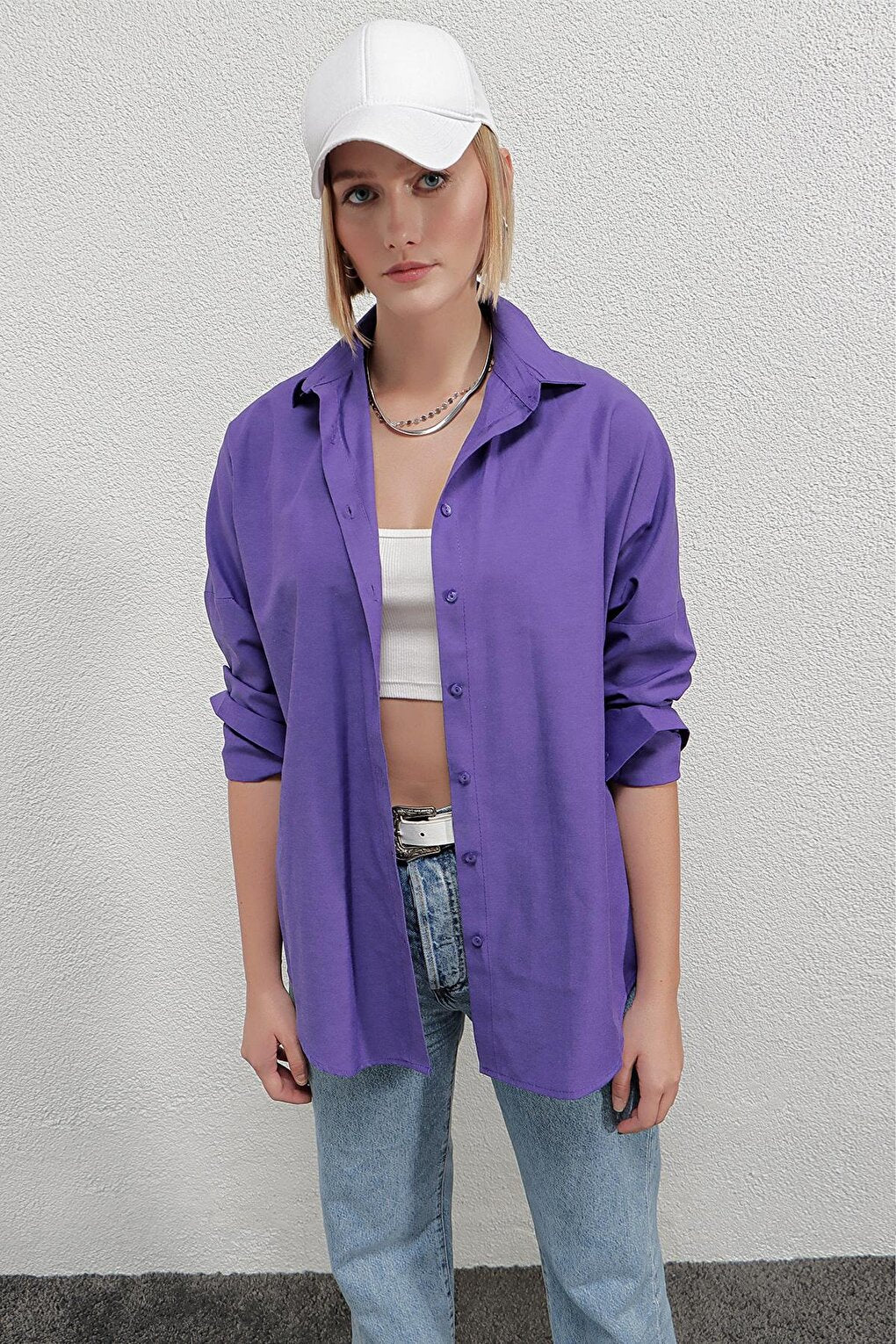 Women's Purple Oversize Long Basic Shirt Hzl22w-bd139001