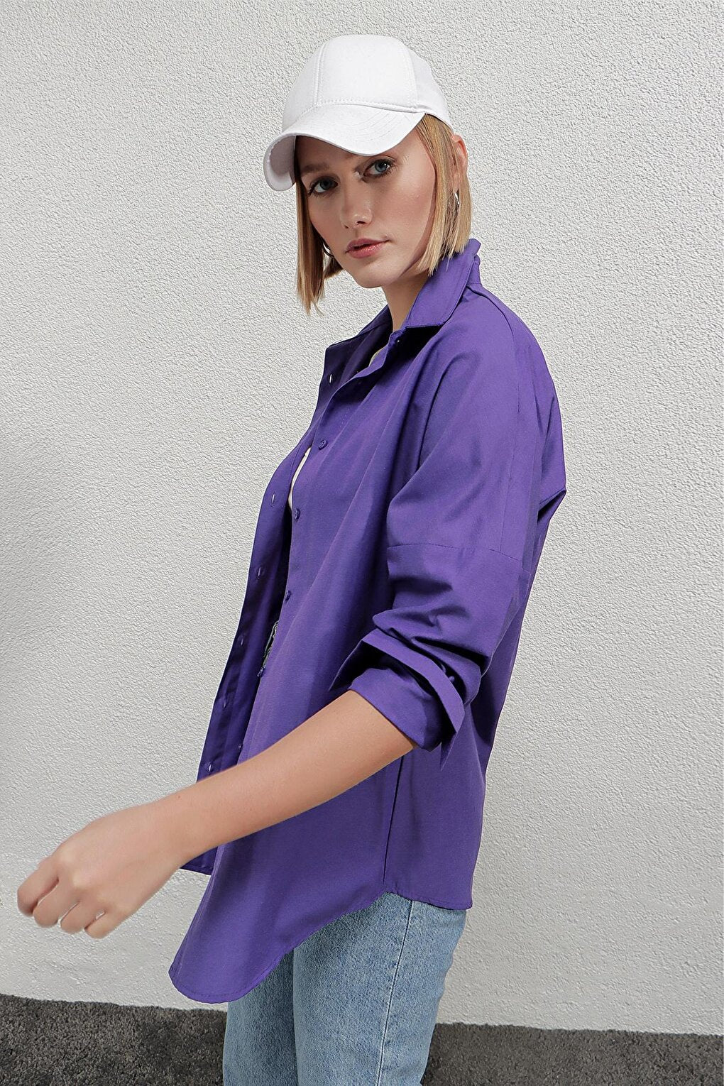 Women's Purple Oversize Long Basic Shirt Hzl22w-bd139001