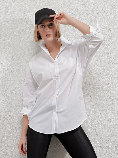 Women's White Oversize Long Basic Shirt HZL22W-BD139001