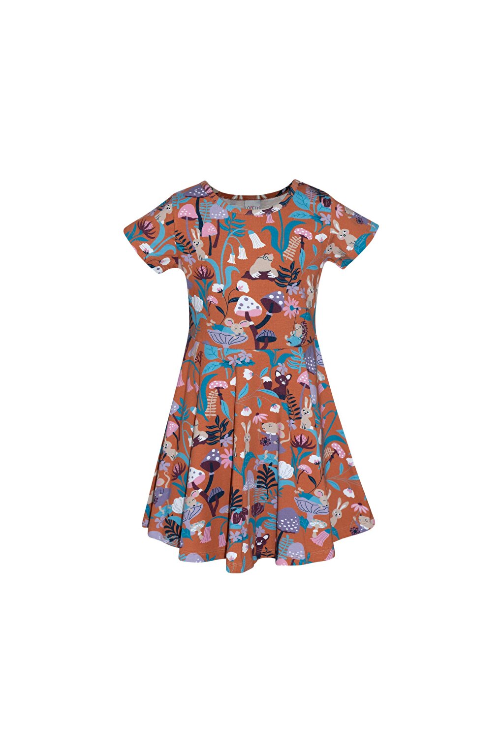 Brown Girl's Forest Animals Pattern Short Sleeve Flared Skirt Dress