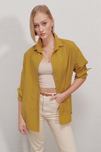 Women's Mustard Oversize Long Basic Shirt HZL22W-BD139001