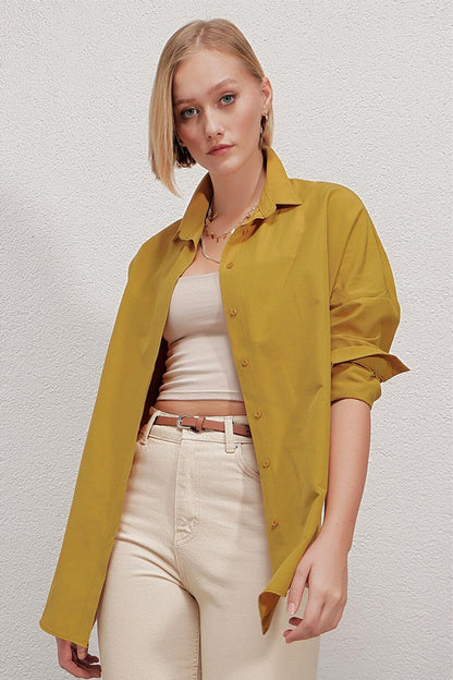 Women's Mustard Oversize Long Basic Shirt HZL22W-BD139001