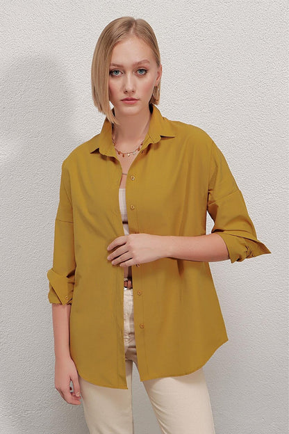 Women's Mustard Oversize Long Basic Shirt HZL22W-BD139001