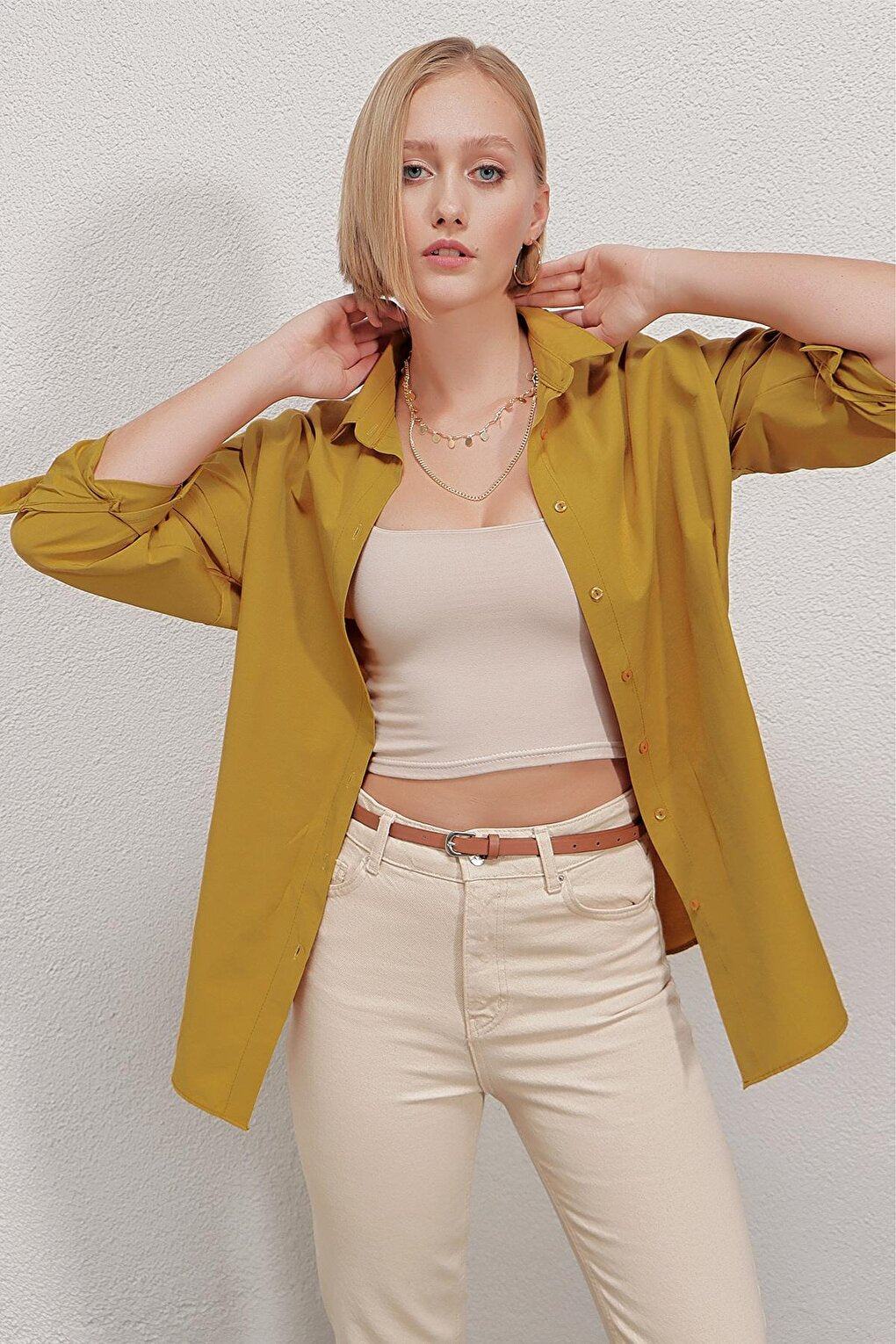 Women's Mustard Oversize Long Basic Shirt HZL22W-BD139001