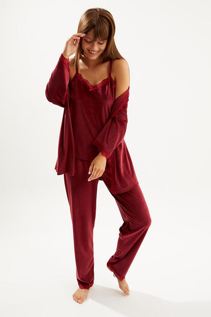 Women's Burgundy Soft Velvet Three-quarter Sleeve Rope Suspender Trousers 3-Piece Pajama Set