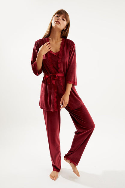 Women's Burgundy Soft Velvet Three-quarter Sleeve Rope Suspender Trousers 3-Piece Pajama Set