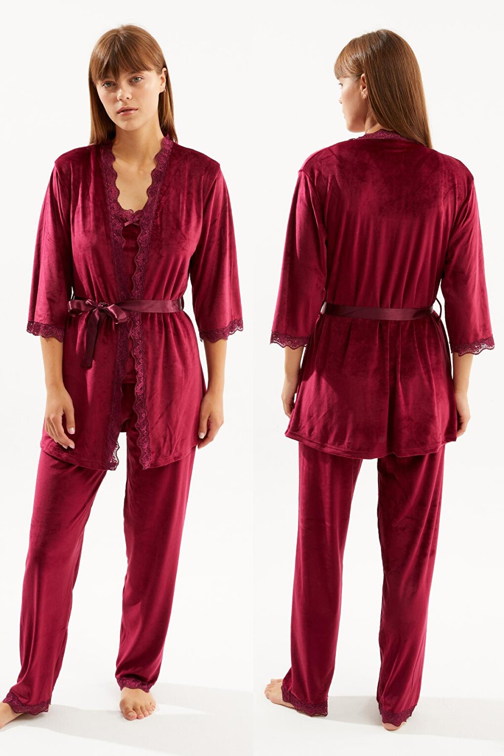 Women's Plum Soft Velvet Three Quarter Sleeve Rope Strap Trousers 3-Piece Pajama Set