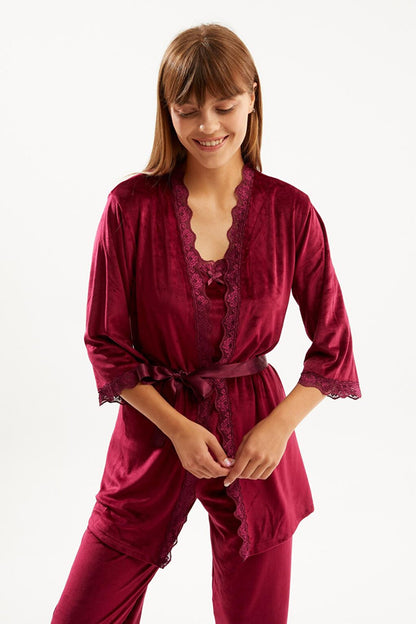 Women's Plum Soft Velvet Three Quarter Sleeve Rope Strap Trousers 3-Piece Pajama Set