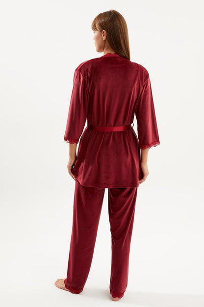 Women's Burgundy Soft Velvet Three-quarter Sleeve Rope Suspender Trousers 3-Piece Pajama Set