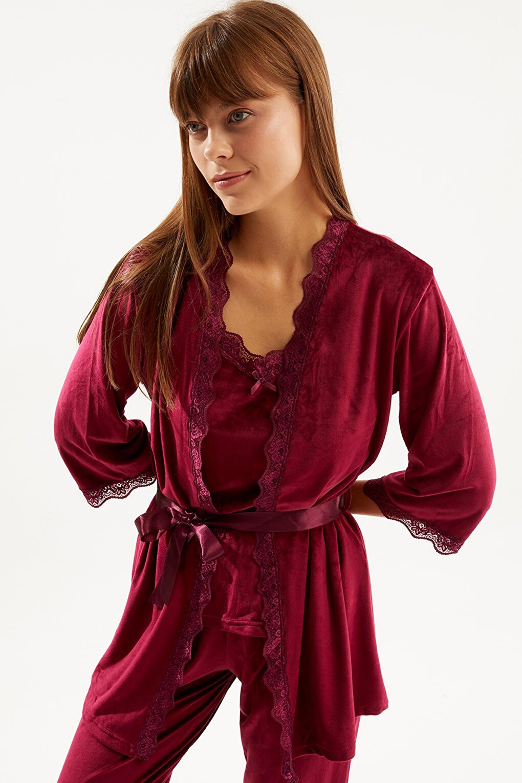 Women's Plum Soft Velvet Three Quarter Sleeve Rope Strap Trousers 3-Piece Pajama Set