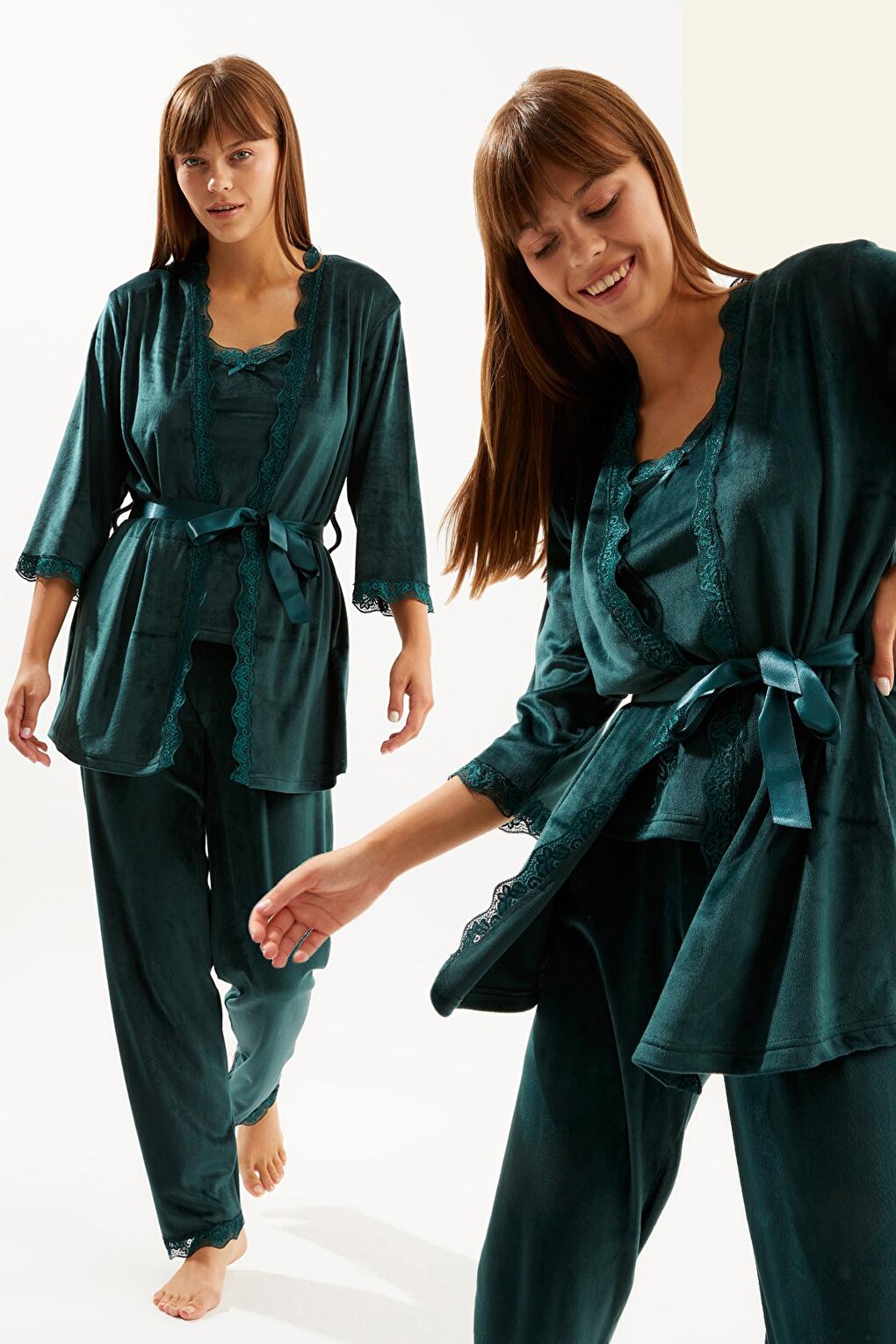 Zümrüt Soft Velvet Three-quarter Sleeve Rope Strap Trousers 3-Piece Pajama Set