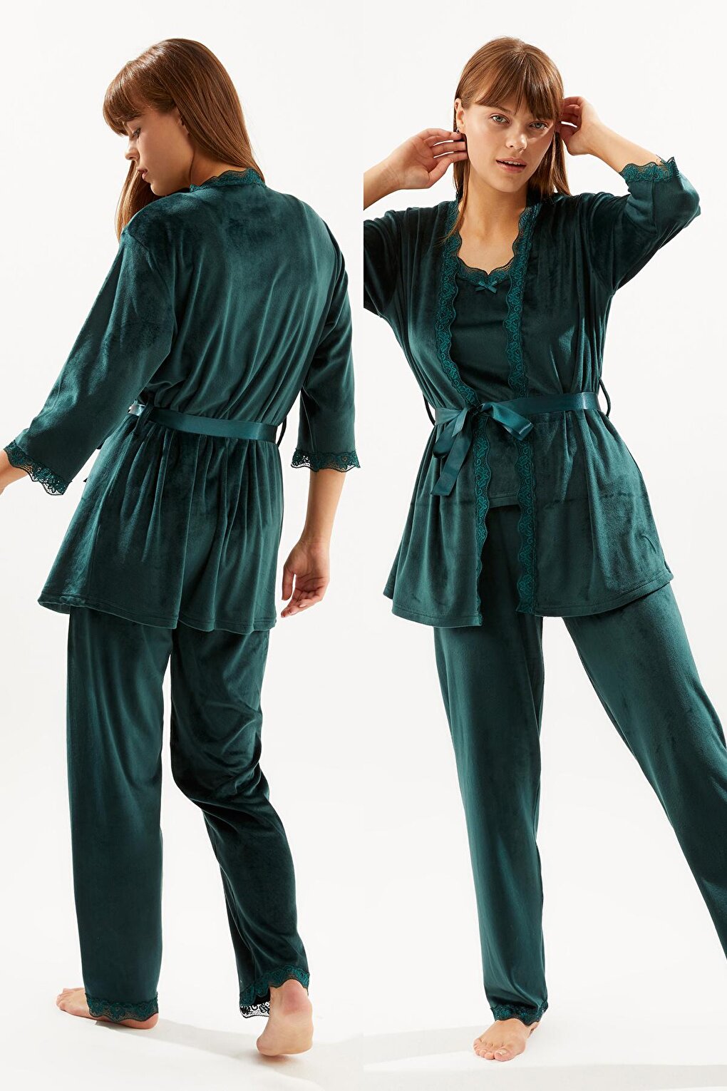 Zümrüt Soft Velvet Three-quarter Sleeve Rope Strap Trousers 3-Piece Pajama Set